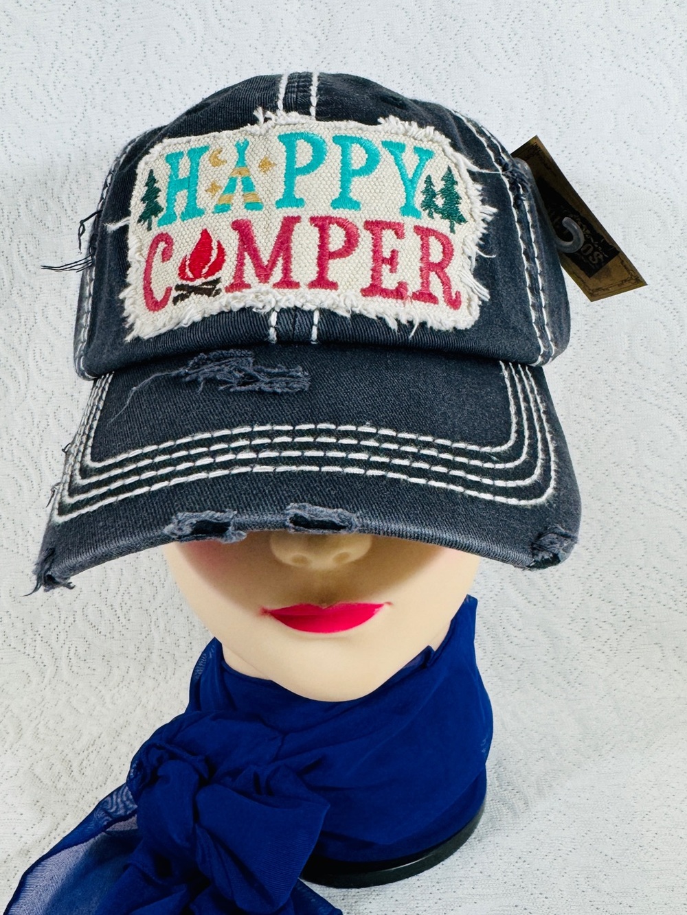 New Happy Camper women  Distressed Denim baseball Cap Hat Adjustable back.